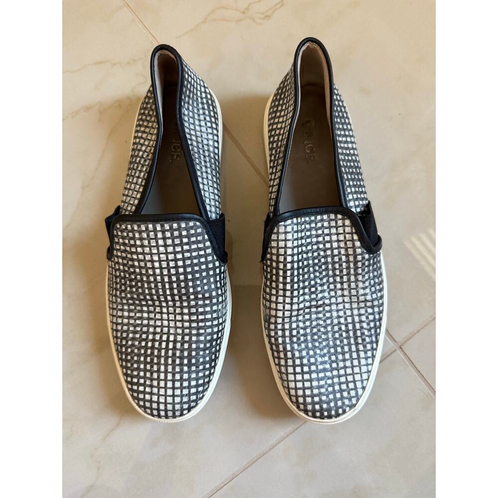 VINCE. Blair black white checkered leather slip on skater platform sneaker shoe - Picture 2 of 9